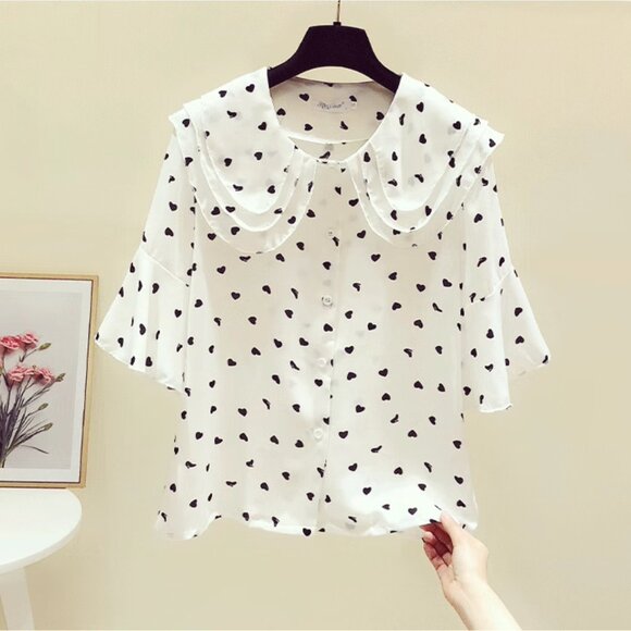 Women's Heart Print Layered Sailor Collar Butterfly Short Sleeves Blouse Shirt - Picture 3 of 9